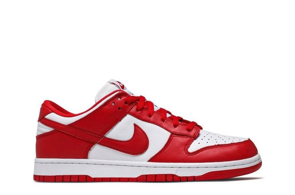 Nike Dunk Low Retro SP St. Johns sneaker featuring a classic red and white leather upper, low-top design, and perforated toe box.