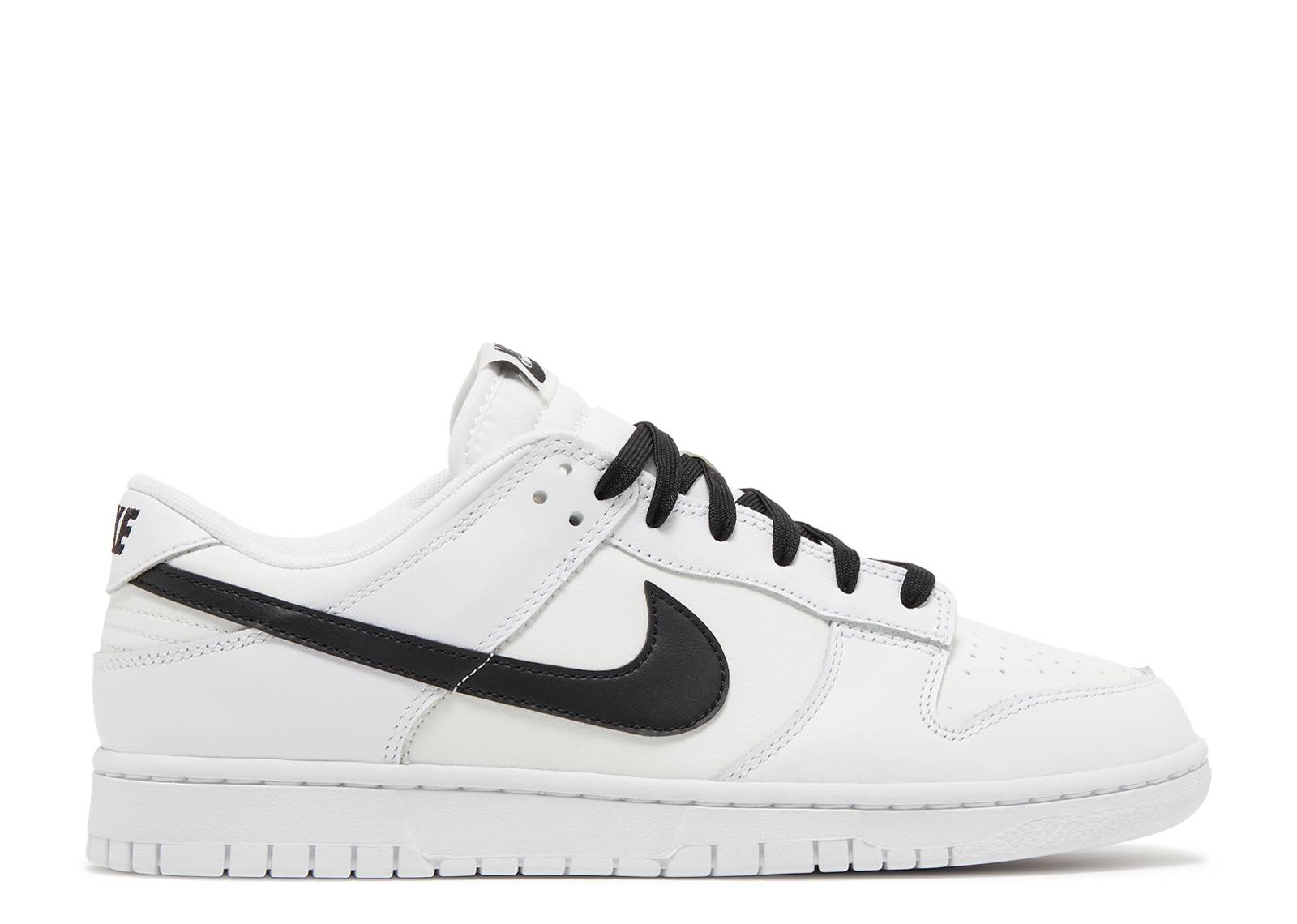 Nike Dunk Low Reverse Panda sneakers featuring a white leather base with black Swoosh logo, black laces, and a low-top design. Perfect for casual wear.