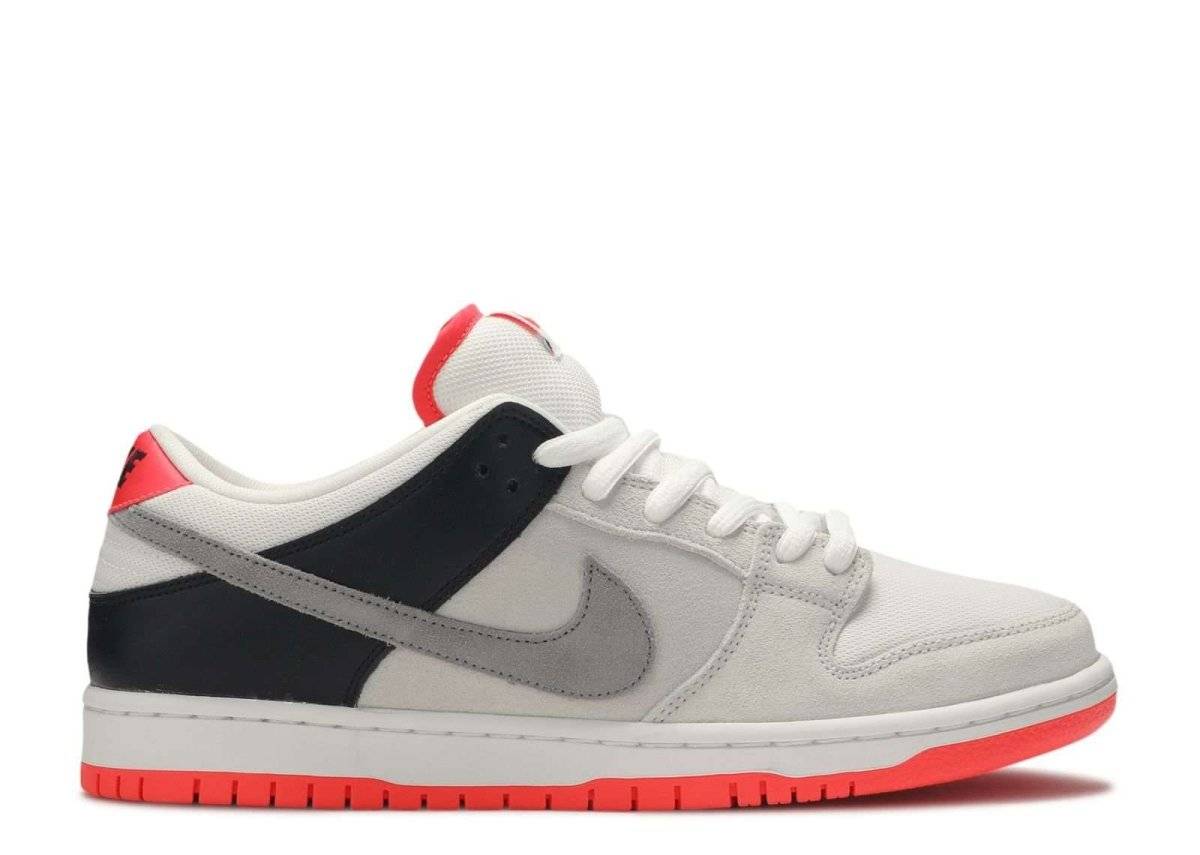 Nike SB Dunk Low Infrared sneaker featuring a mesh and suede upper in grey, black, and Infrared tones. Inspired by the Air Max 90 design, released in 2020.