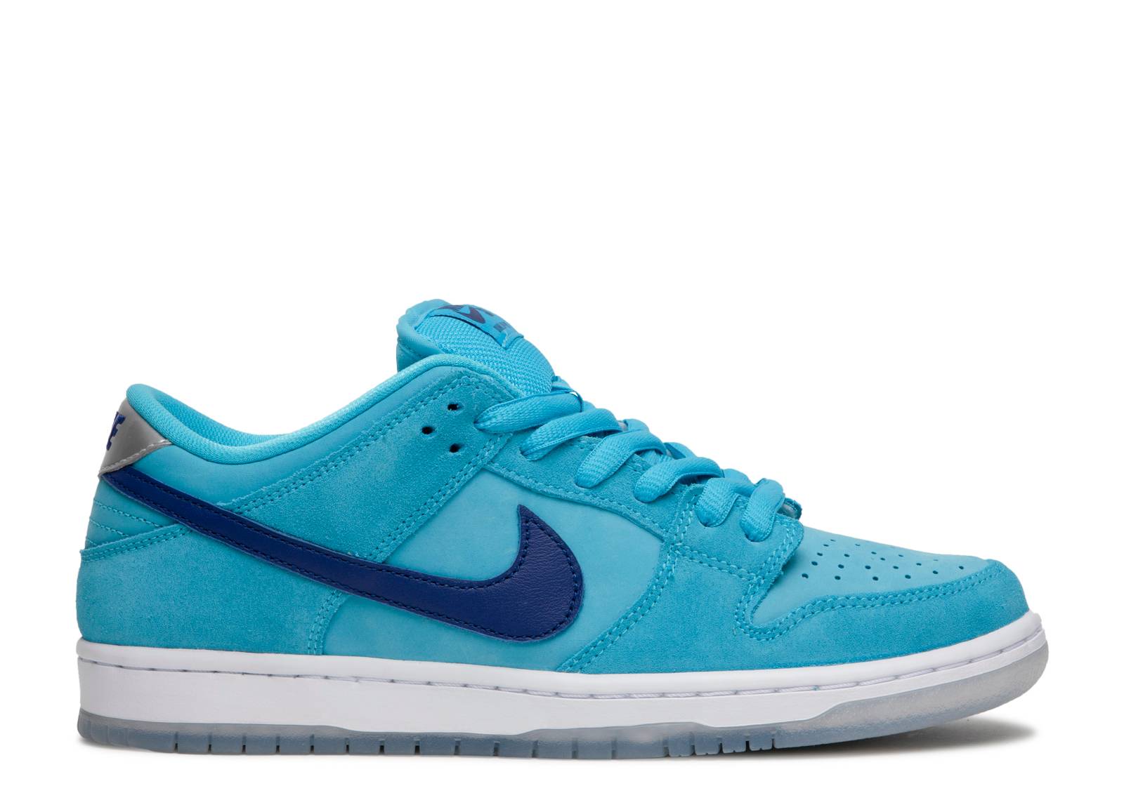 Dunk Low SB Blue Fury sneaker featuring a vibrant blue suede and leather upper, dark blue Nike Swoosh, and icy translucent outsole.