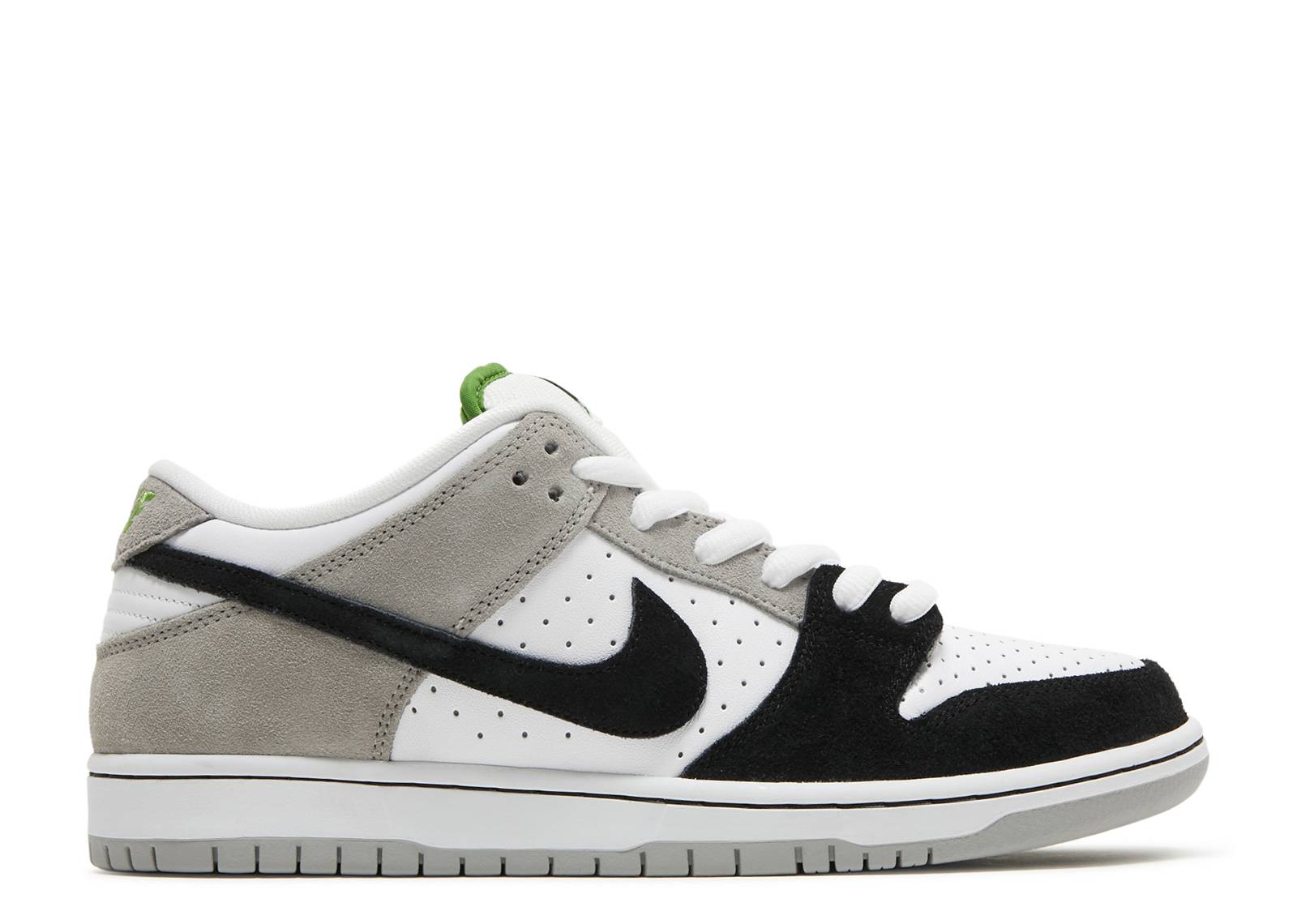 Nike SB Dunk Low Chlorophyll sneaker featuring a white perforated leather upper, grey suede overlays, black swoosh, and green accents.