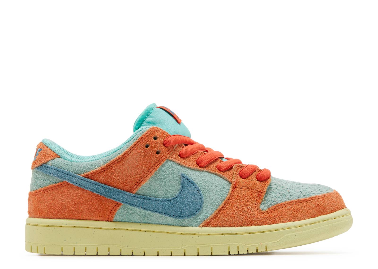 Nike Dunk Low SB Orange Emerald sneaker featuring a textured suede upper in orange and teal with a retro design and Zoom Air cushioning.