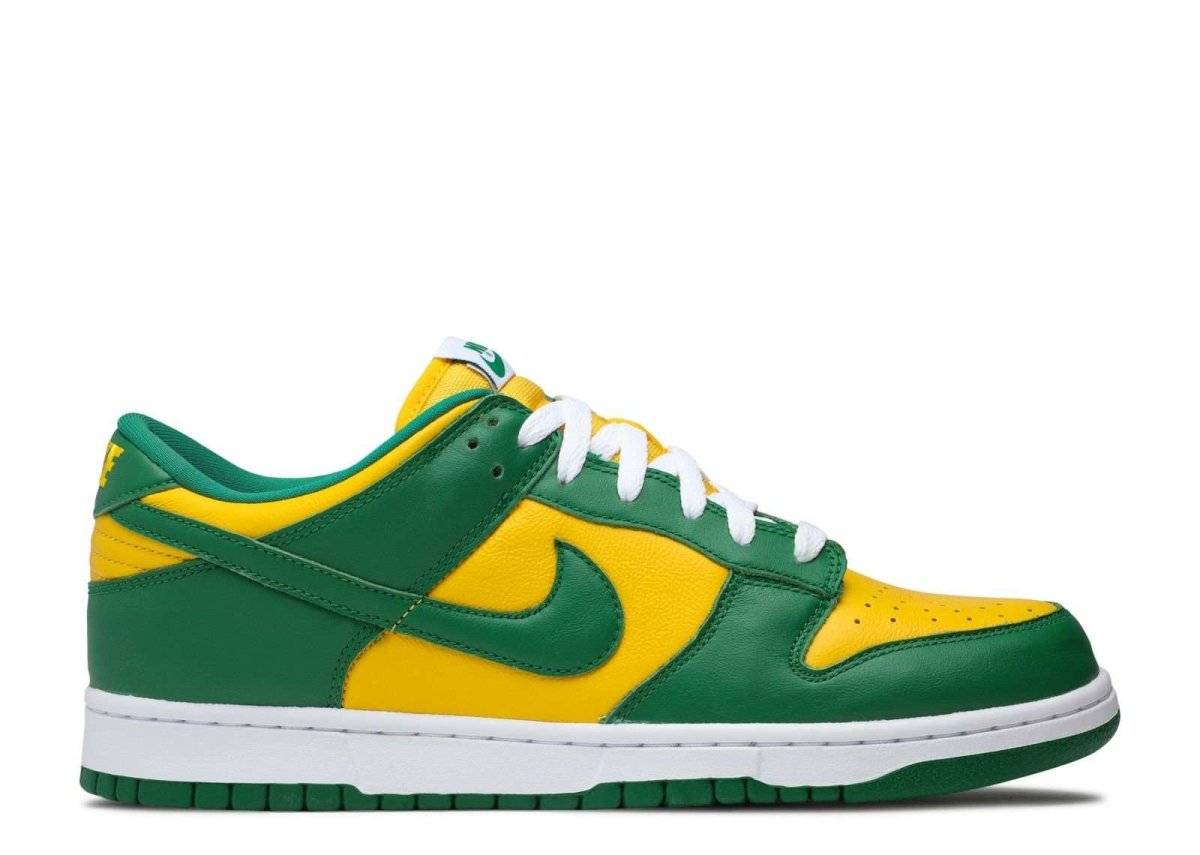 Dunk Low SP Brazil 2020 sneaker featuring a vibrant yellow leather base with green overlays, white laces, and a green outsole. Iconic Nike design for sneaker enthusiasts.