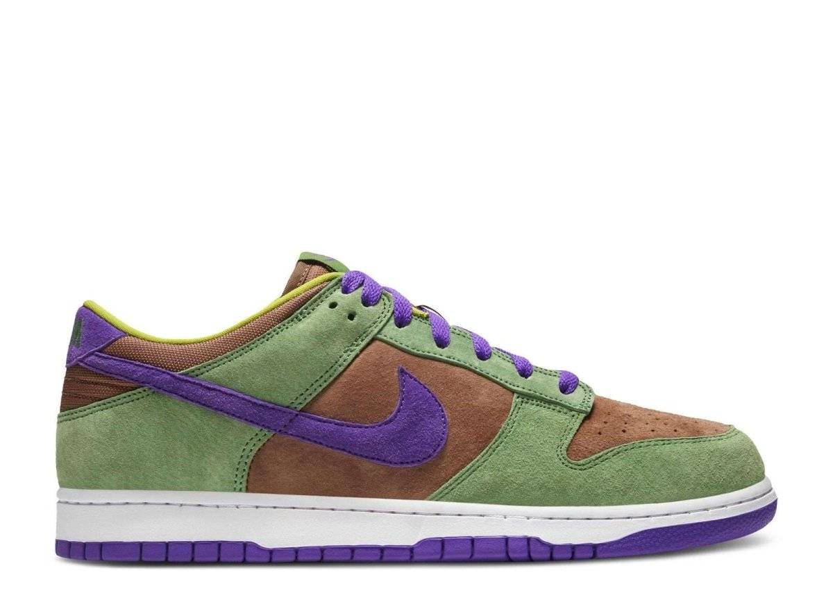 Nike Dunk Low SP Retro Veneer 2024 sneaker in green, brown, and purple suede with purple laces, side profile view. Part of the CO.JP Ugly Duckling Pack.