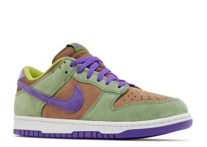 Nike Dunk Low SP Retro Veneer 2024 sneaker showcasing green, brown, and purple suede with purple laces, angled front-side view. A collector's favorite.