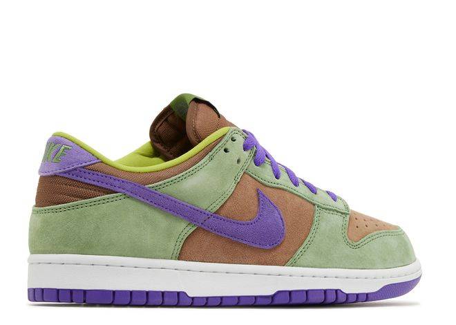 Nike Dunk Low SP Retro Veneer 2024 sneaker in green, brown, and purple suede with purple laces, opposite side profile view. Retro design appeal.