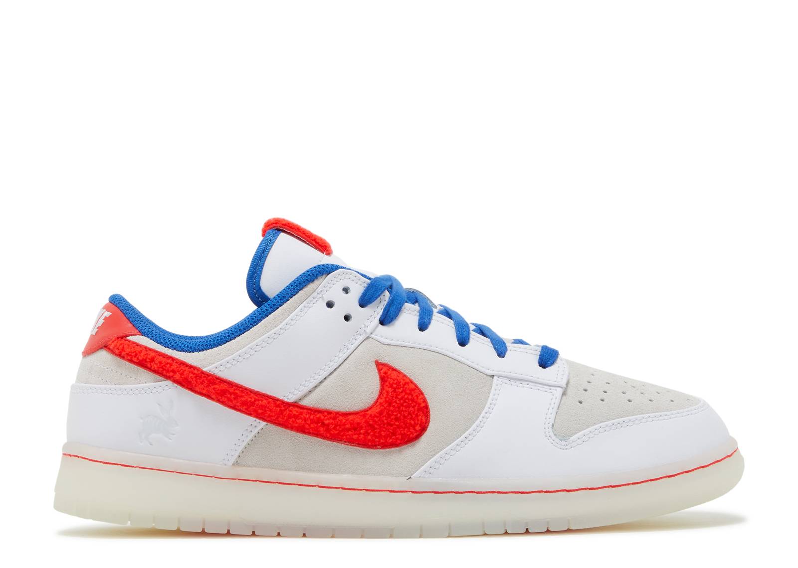 Dunk Low Year of the Rabbit - Limited Nike Dunk Shoes featuring a light grey suede base, white leather overlays, red chenille Swooshes, and blue accents.