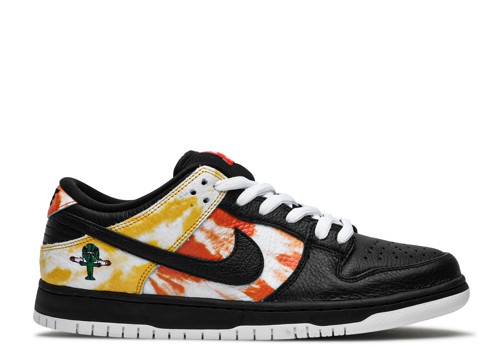 Nike Dunk SB Low Tie-Dye Raygun Black sneaker featuring black leather upper, vibrant orange and yellow tie-dye accents, and embroidered alien graphic.