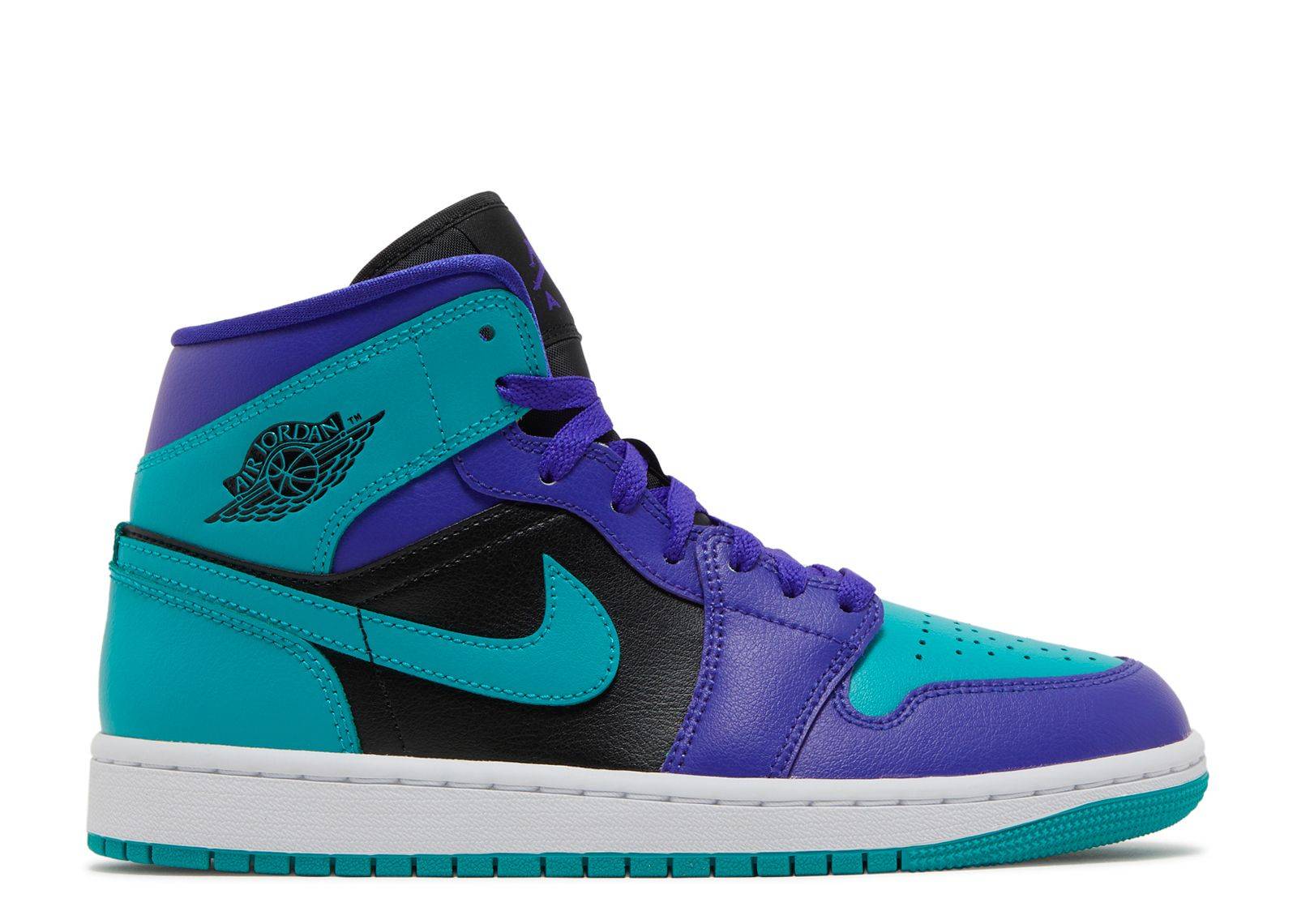 Wmns Air Jordan 1 Mid Black Grape sneaker featuring a bold teal, purple, and black colorway with iconic Swoosh and Wings logo details.