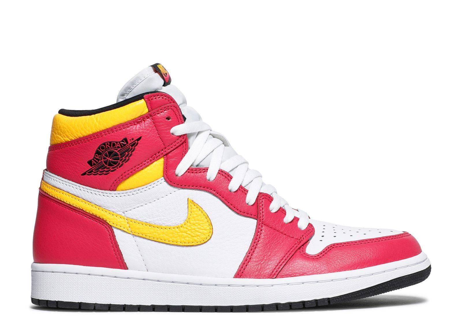 Air Jordan 1 Retro High OG Light Fusion Red sneakers featuring a white leather base, red overlays, yellow Swoosh, and orange accents. Released in June 2021.