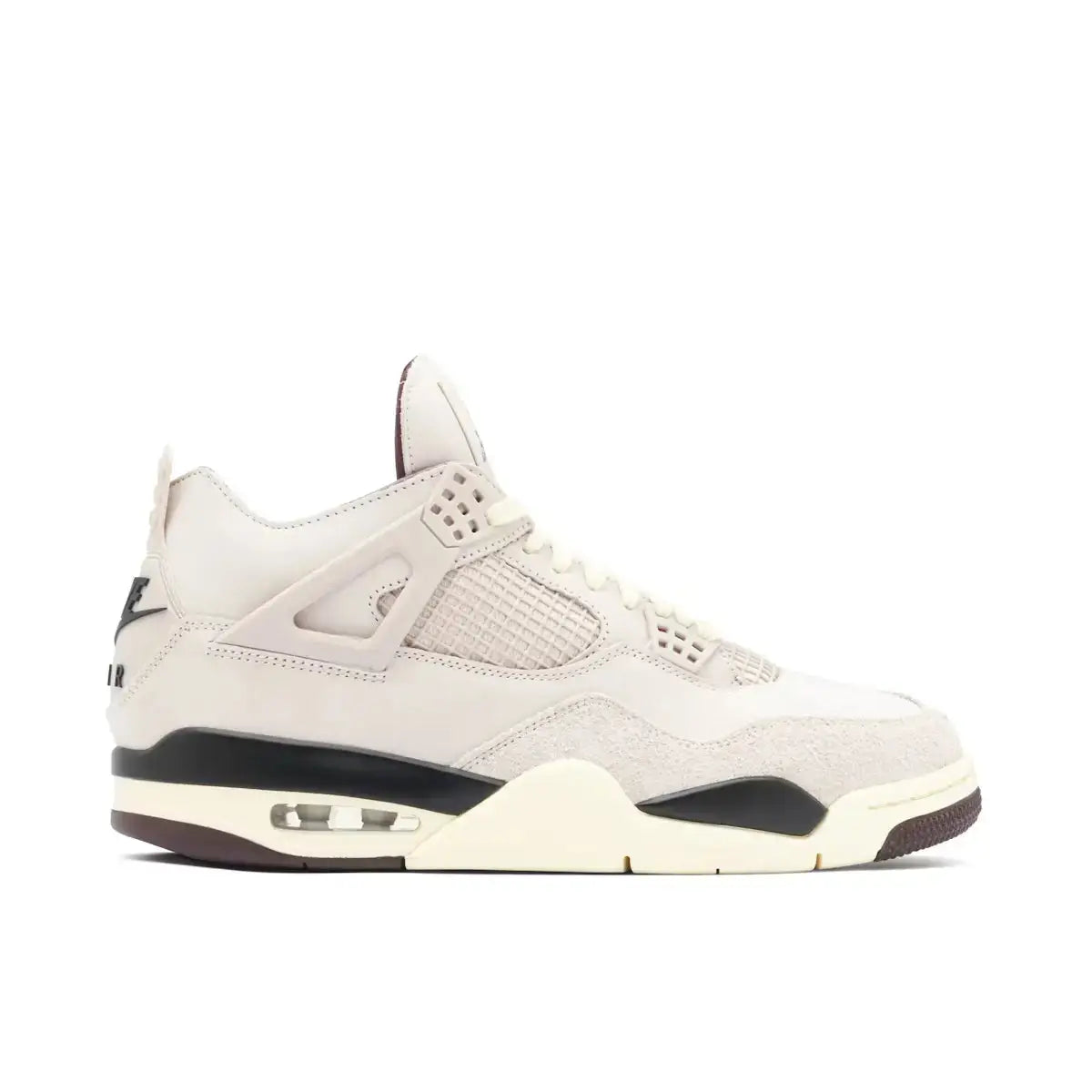 A Ma Maniere x Wmns Air Jordan 4 Retro sneaker in light grey leather with Violet Ore suede accents, featuring a visible Air-sole unit and quilted lining.