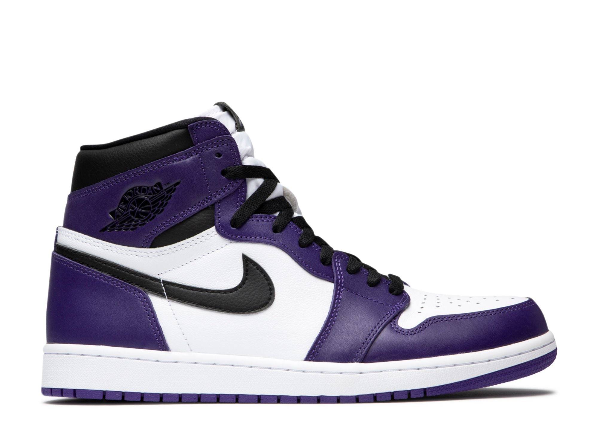 Air Jordan 1 Retro High OG Court Purple sneaker featuring white leather upper, black Swoosh, and Court Purple overlays with matching outsole.