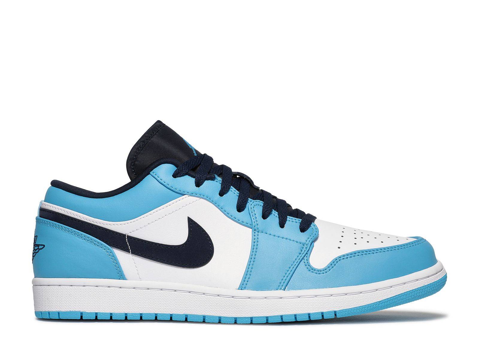 Air Jordan 1 Low UNC sneakers featuring white leather upper, University Blue overlays, and black Swoosh. Iconic design for sneaker enthusiasts.