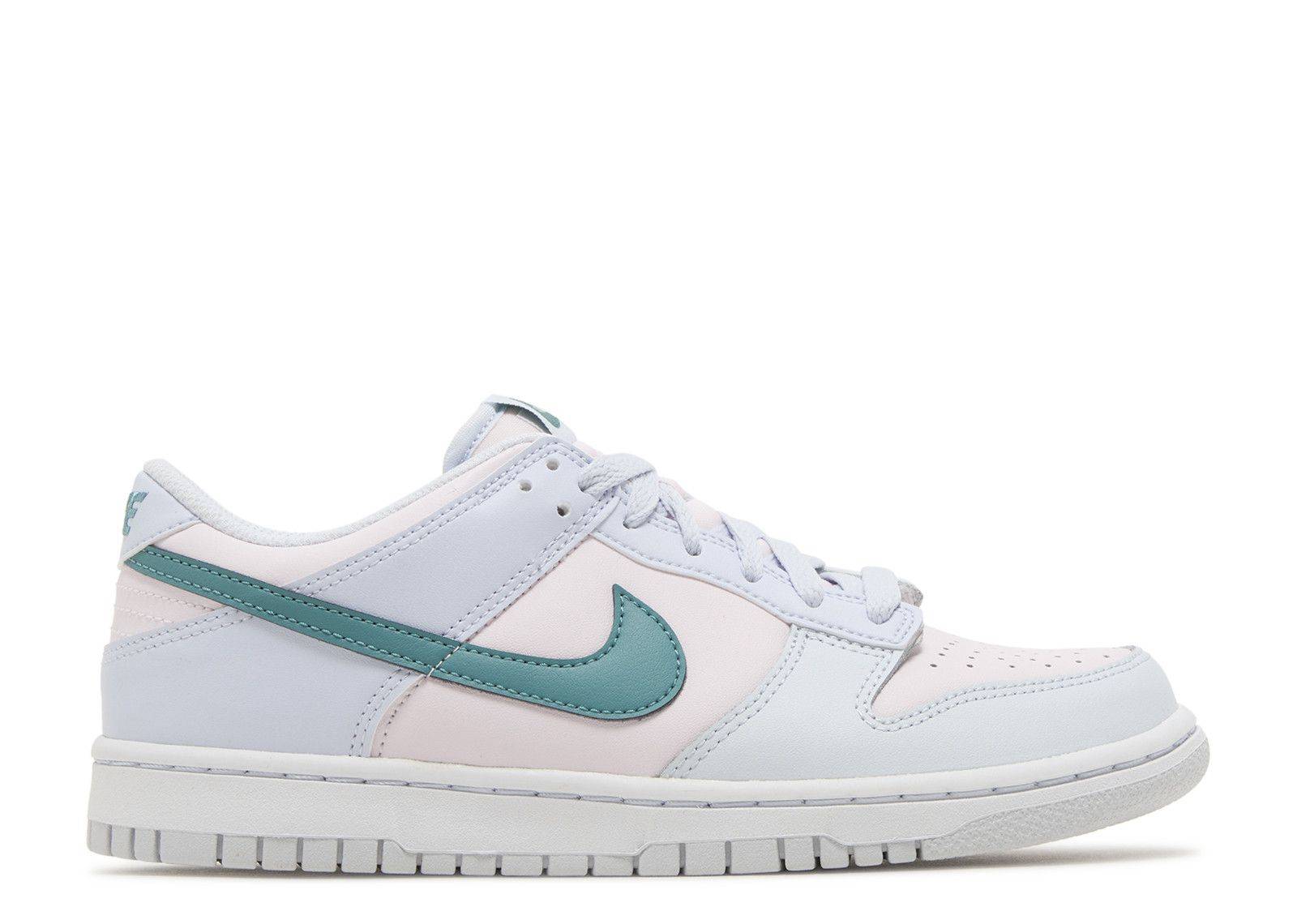 Dunk Low GS Mineral Teal sneakers featuring a leather upper in pastel tones with a teal Nike Swoosh, padded collar, and rubber outsole.