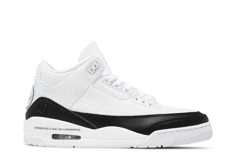 Fragment Design Air Jordan 3 sneaker in white and black leather, featuring the iconic Fragment lightning bolt logo. Limited edition Hiroshi Fujiwara collaboration.