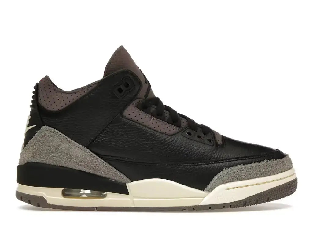 A Ma Maniere x Wmns Air Jordan 3 Retro Black Violet sneaker featuring black leather upper, Violet Ore nubuck overlays, and quilted satin collar.