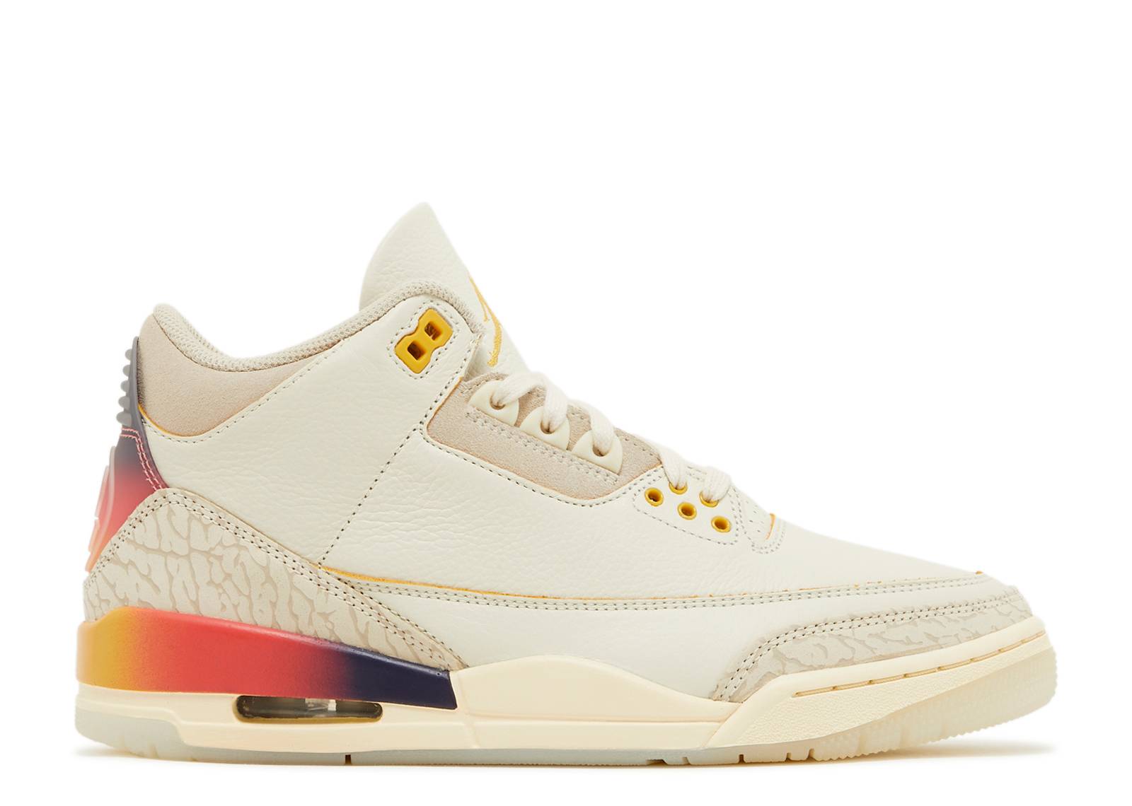 J Balvin x Air Jordan 3 Medellin Sunset sneaker featuring ivory leather, elephant print accents, and vibrant sunset gradient heel design.