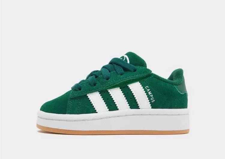 Campus 00s J Dark Green sneaker by adidas featuring dark green suede upper, white stripes, padded collar, and durable rubber outsole.