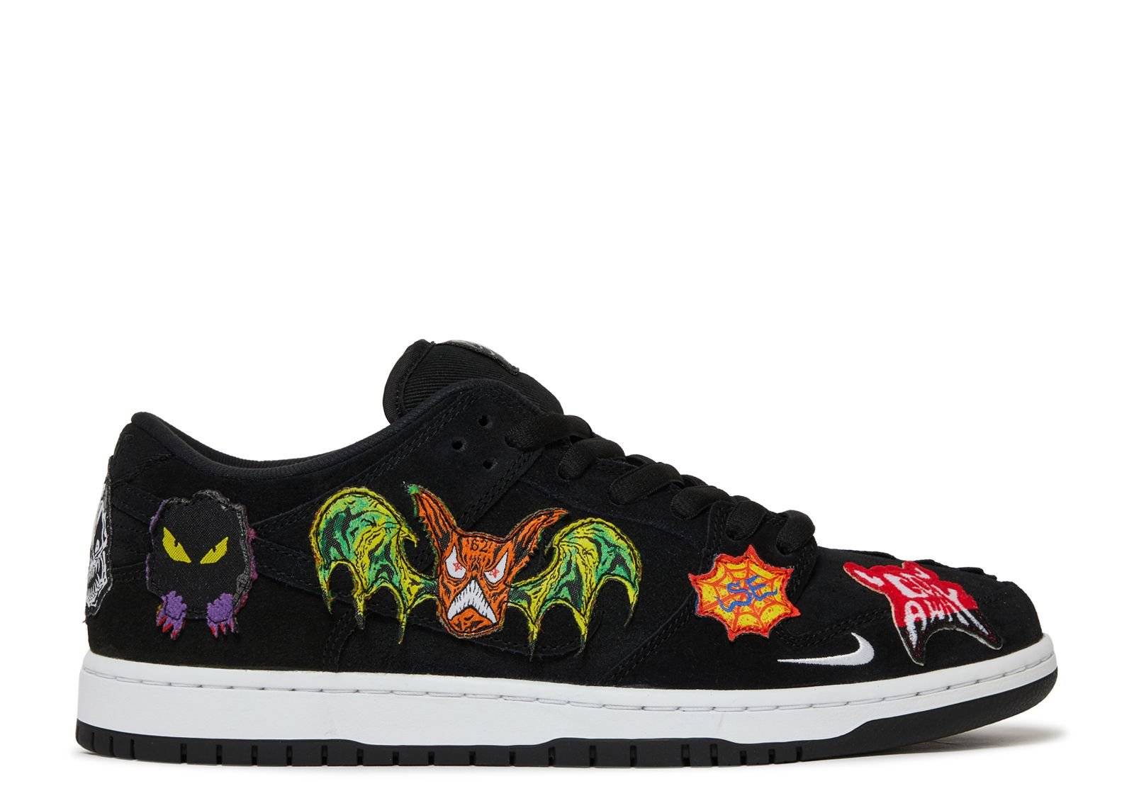 Neckface x Dunk Low Pro SB Black sneaker featuring black nubuck uppers with colorful embroidered patches, including bats, webs, and flames, on a white sole.