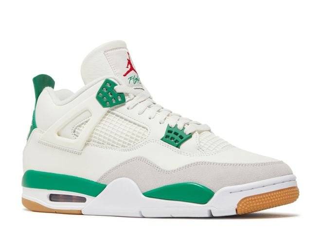 Nike SB x Air Jordan 4 Retro Pine Green sneaker showcasing white leather, green details, and gum outsole, angled front-side view.