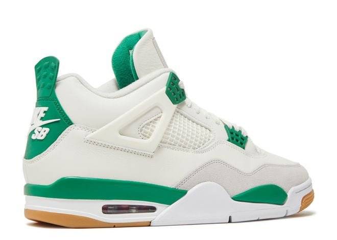 Nike SB x Air Jordan 4 Retro Pine Green sneaker with white leather, Pine Green heel tab, and gum outsole, rear-side profile.