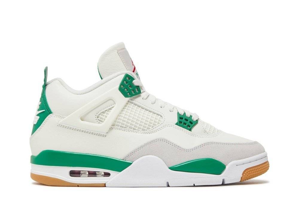 Nike SB x Air Jordan 4 Retro Pine Green sneaker featuring a white leather upper, Pine Green accents, and gum outsole, side profile.