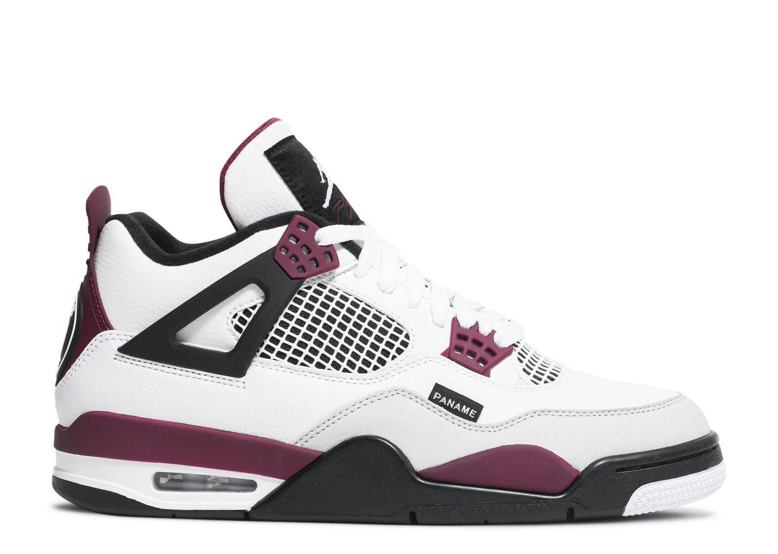 Air Jordan 4 PSG Retro sneaker in white with Bordeaux accents, featuring Paris Saint-Germain branding and 'Paname' logo. Stylish footwear for fans.