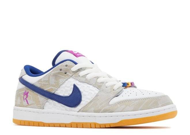 Side-angle view of Rayssa Leal Dunk Low SB in Deep Royal Vivid Purple, featuring textured beige overlays, blue Swoosh, and gum outsole.