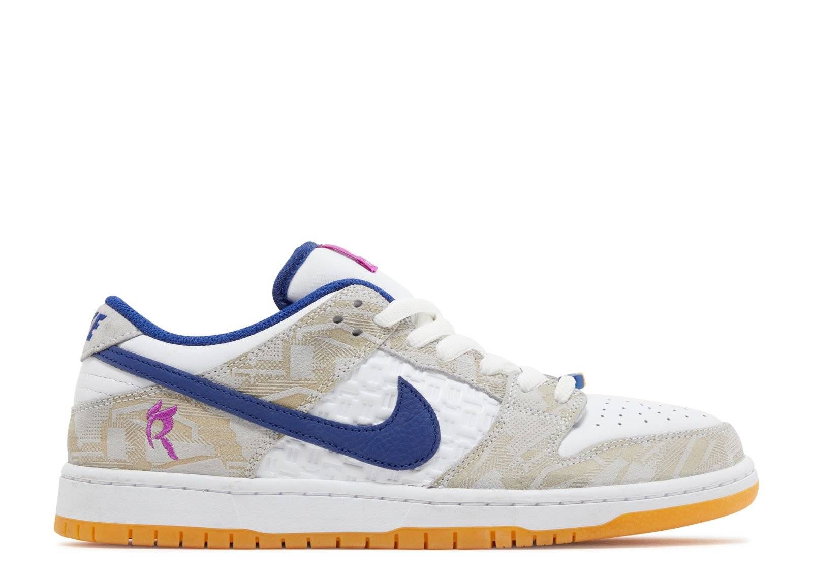 Rayssa Leal Dunk Low SB sneaker in Deep Royal Vivid Purple with beige overlays, white base, and pink branding on a gum sole.