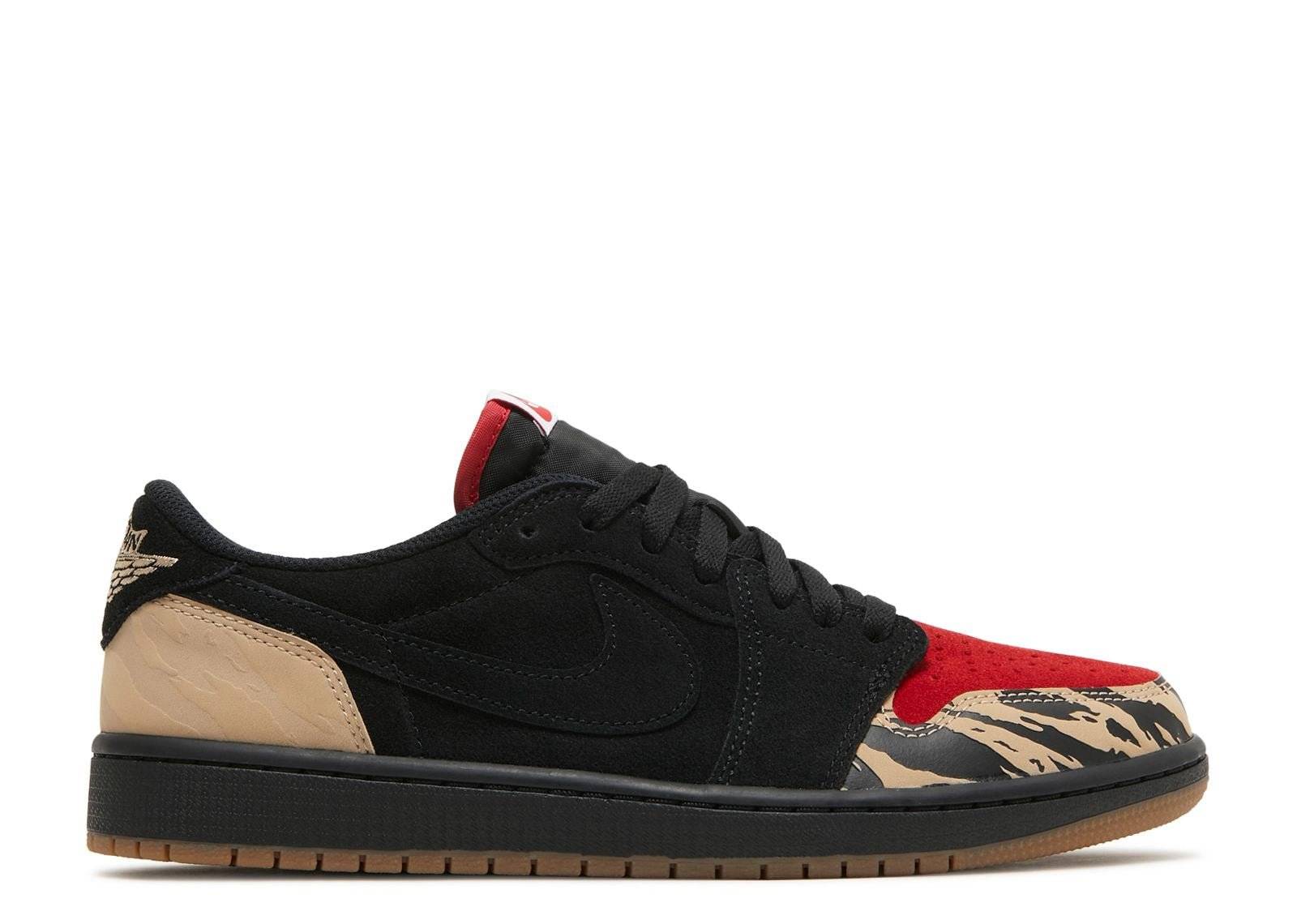 SoleFly x Air Jordan 1 Low collaboration sneaker featuring black suede upper, red detailing, and Everglades-inspired animal print accents on a gum sole.