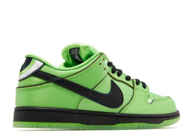 Side profile of Powerpuff Girls Dunk Low Buttercup Nike SB sneaker in green and black, highlighting its bold and dynamic colorway.