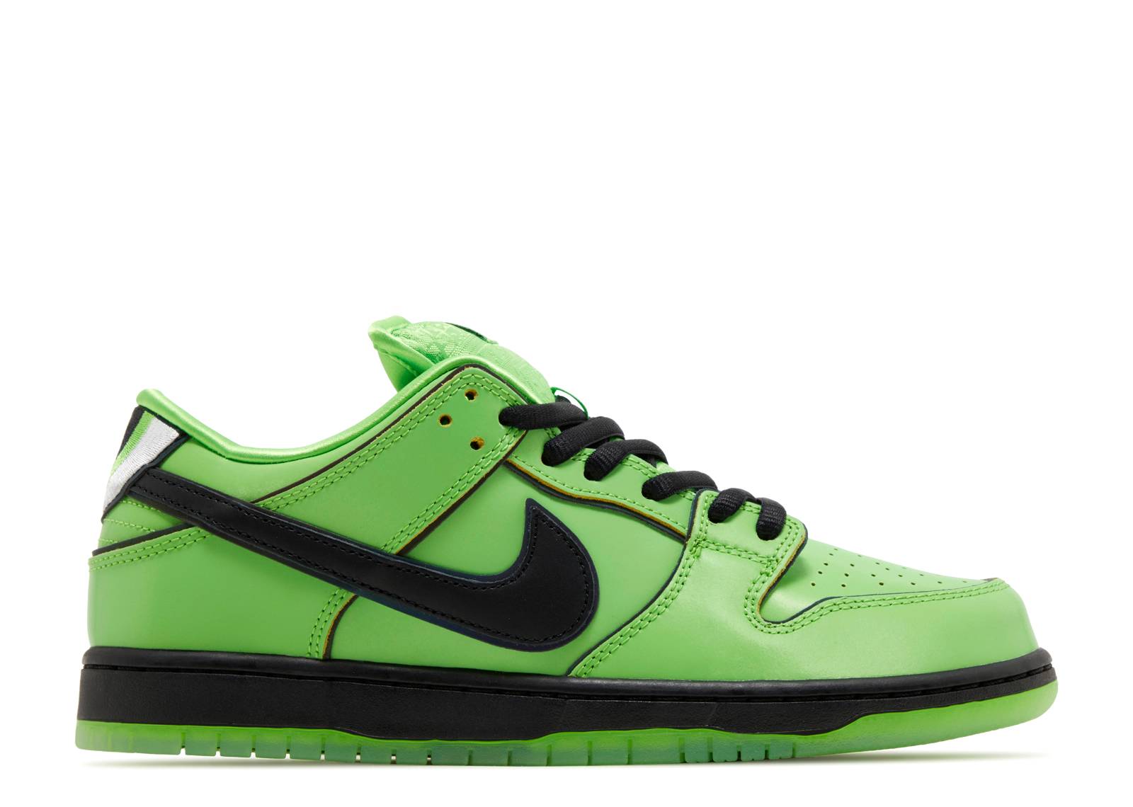 Powerpuff Girls Dunk Low - Buttercup Nike SB sneaker in vibrant green with black accents, featuring a bold design inspired by Buttercup's personality.