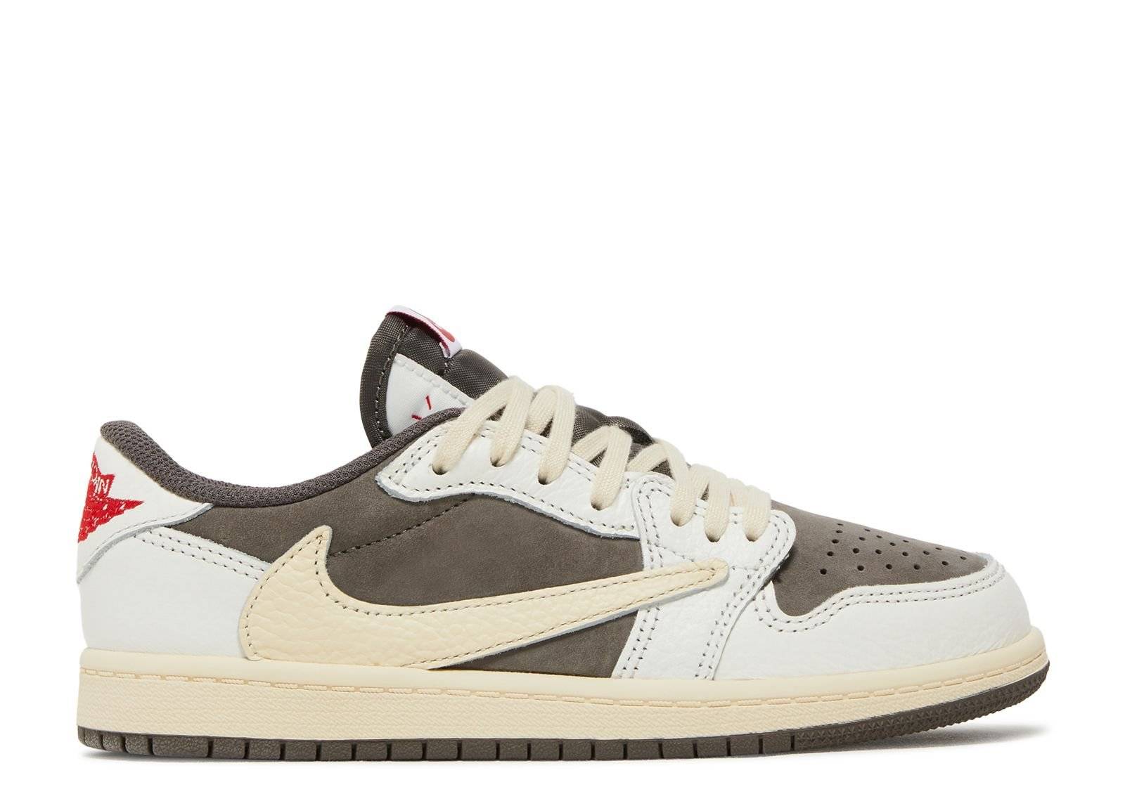 Travis Scott Air Jordan 1 Low - Reverse Mocha sneaker in mocha Durabuck with white leather overlays, red accents, and vintage-style sole.