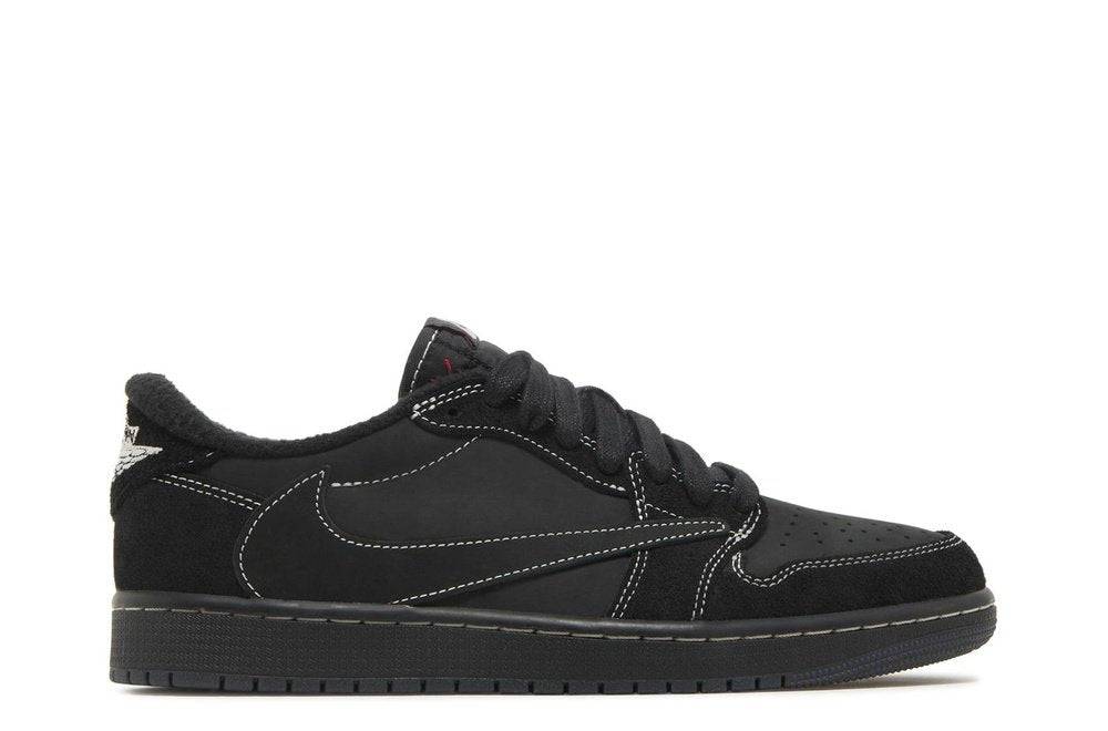 Travis Scott Jordan 1 Low Black Phantom sneakers featuring a black nubuck upper, signature backwards Nike Swoosh, and embroidered Bee detail.