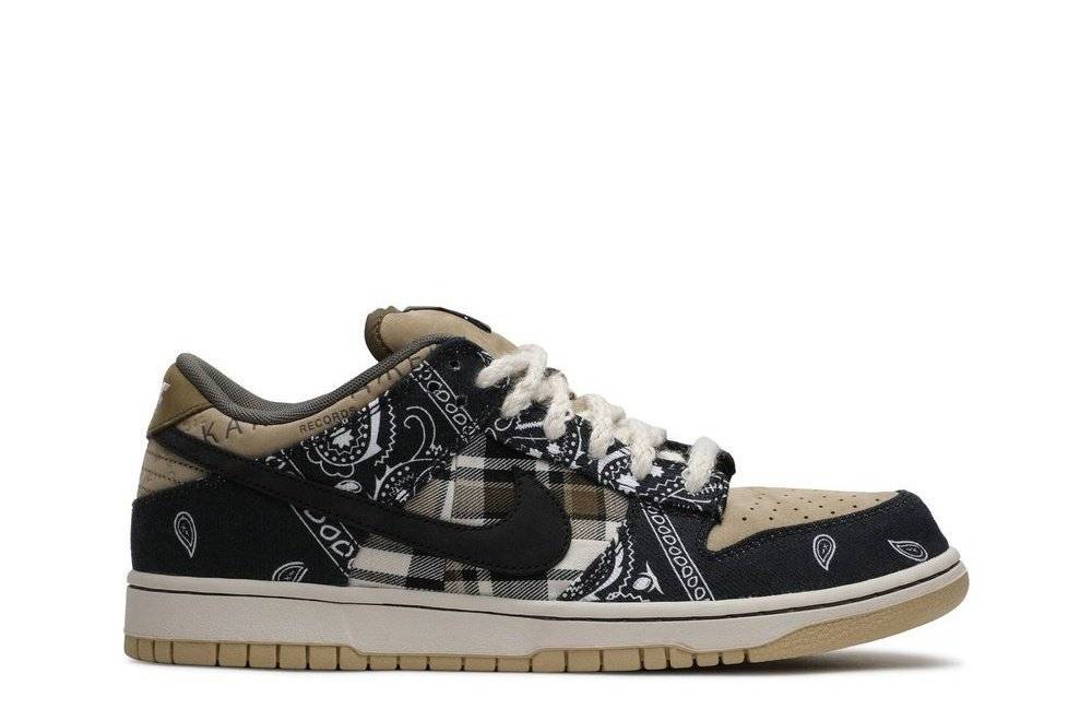 Travis Scott x Dunk Low Premium QS SB Cactus Jack sneaker featuring suede, paisley canvas, and plaid flannel overlays in beige and black tones.