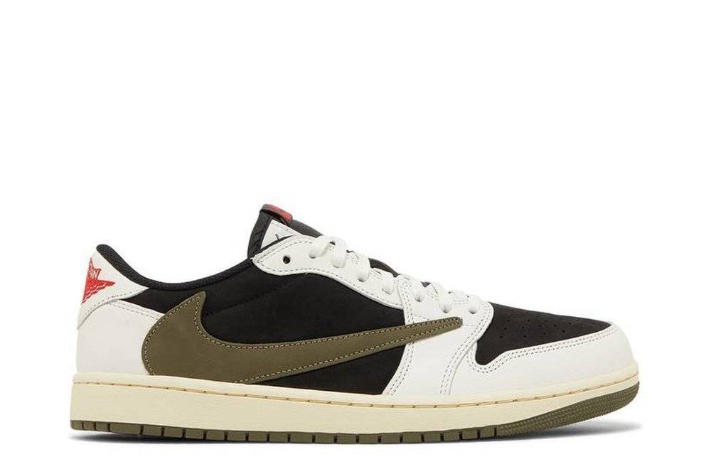 Travis Scott x Air Jordan 1 Low Olive sneaker featuring a reverse olive green swoosh, black suede upper, white leather overlays, and red accents.