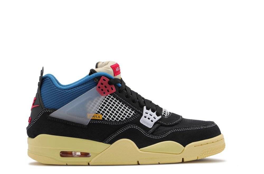 Union LA x Air Jordan 4 Retro Off Noir sneaker featuring black suede, blue mesh, and yellow accents with a retro-inspired design.