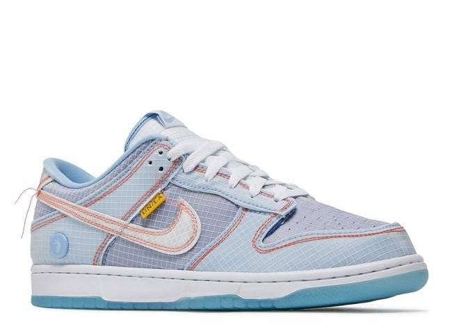 Nike Dunk Low Union LA Argon sneaker with light blue tones, orange stitching accents, and translucent outsole.