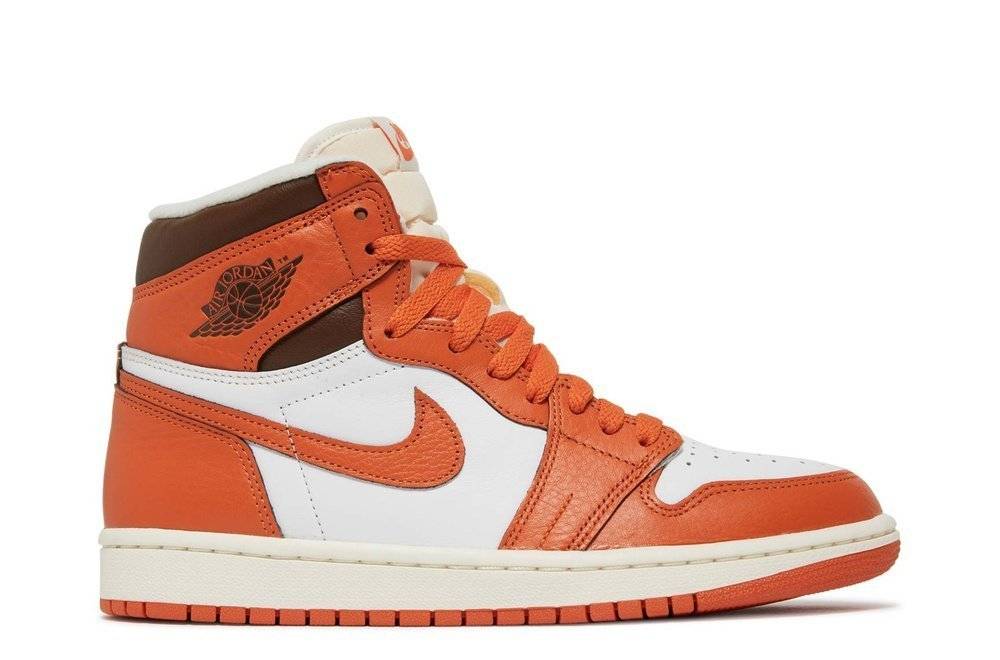 Wmns Air Jordan 1 High OG Starfish sneaker featuring a white leather upper with vibrant orange overlays, high-cut collar, and retro design.