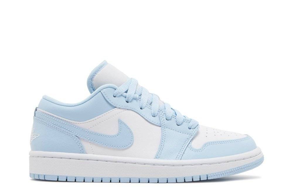 Wmns Air Jordan 1 Low Ice Blue sneaker featuring a leather and suede upper in white and light blue tones, ideal for casual and athletic wear.