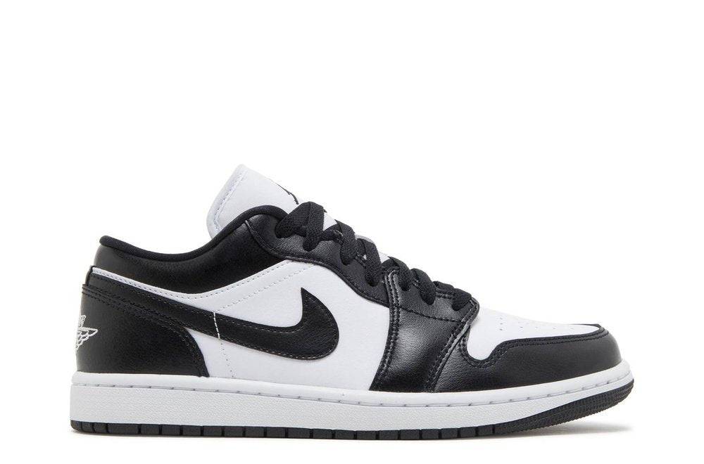 Wmns Air Jordan 1 Low Panda sneaker featuring a black and white leather upper, iconic Swoosh logo, and cushioned midsole for comfort.