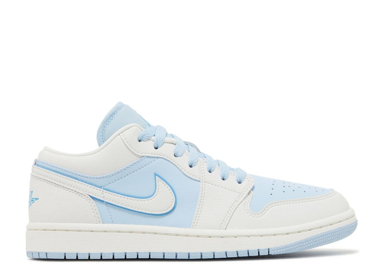 Wmns Air Jordan 1 Low SE Reverse Ice Blue sneaker featuring tumbled white leather with Ice Blue accents, perfect for winter style.