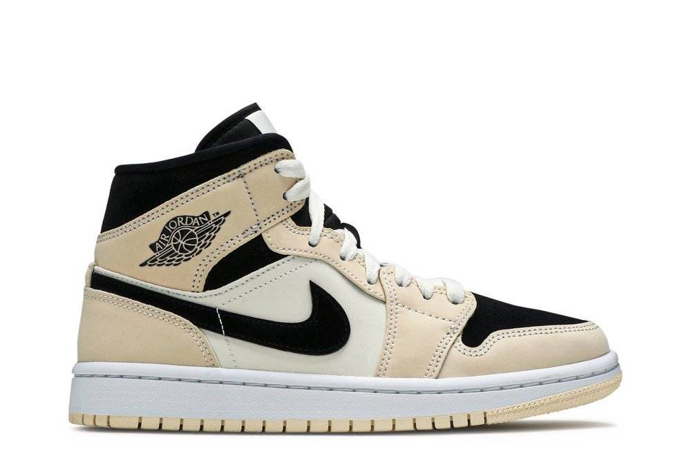 Wmns Air Jordan 1 Mid Barely Orange sneaker featuring a white, tan, and black upper with a retro-inspired design. Perfect for women, released in 2020.