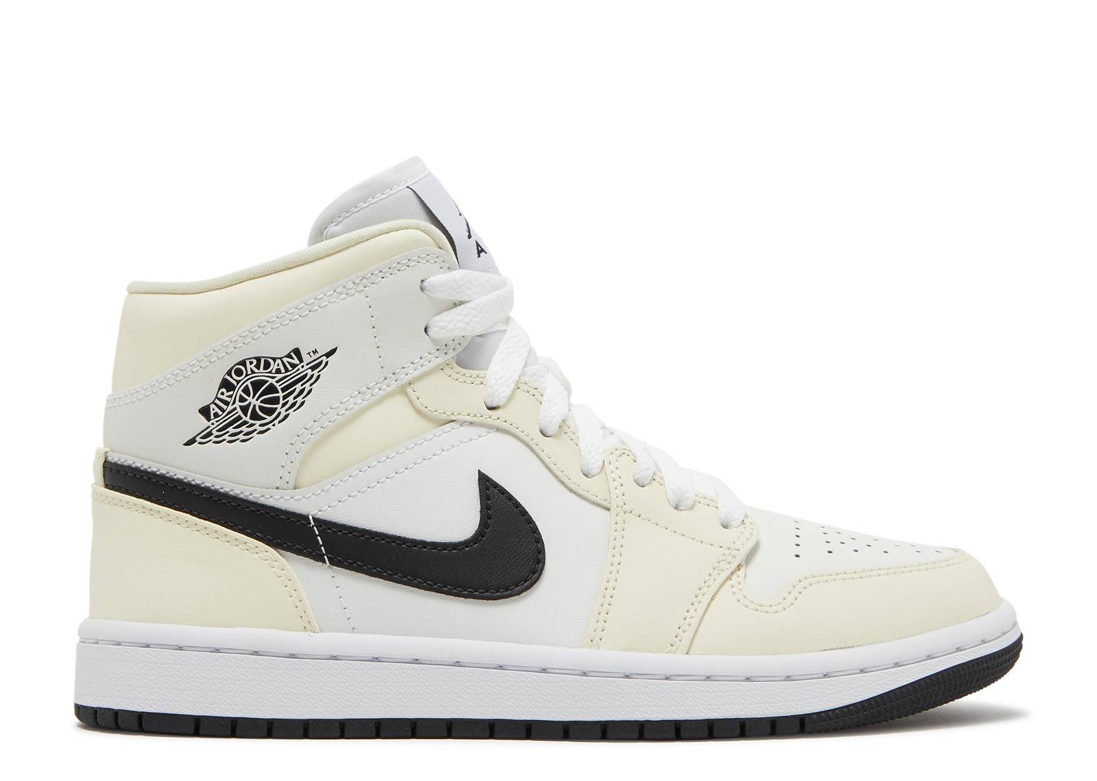 Air Jordan 1 Mid Coconut Milk Women's sneaker featuring neutral tones with a creamy leather overlay, black Swoosh, and classic mid-top silhouette.