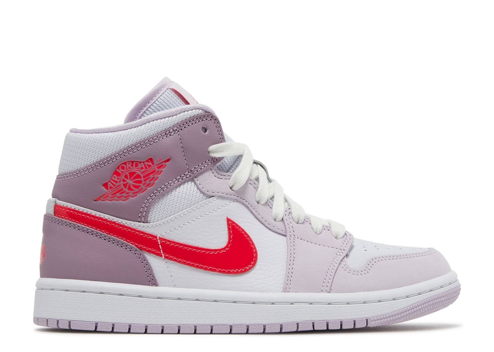 Wmns Air Jordan 1 Mid for Valentine's Day sneaker featuring pink overlays, a vibrant red Swoosh, and white leather base. Perfect for stylish footwear enthusiasts.