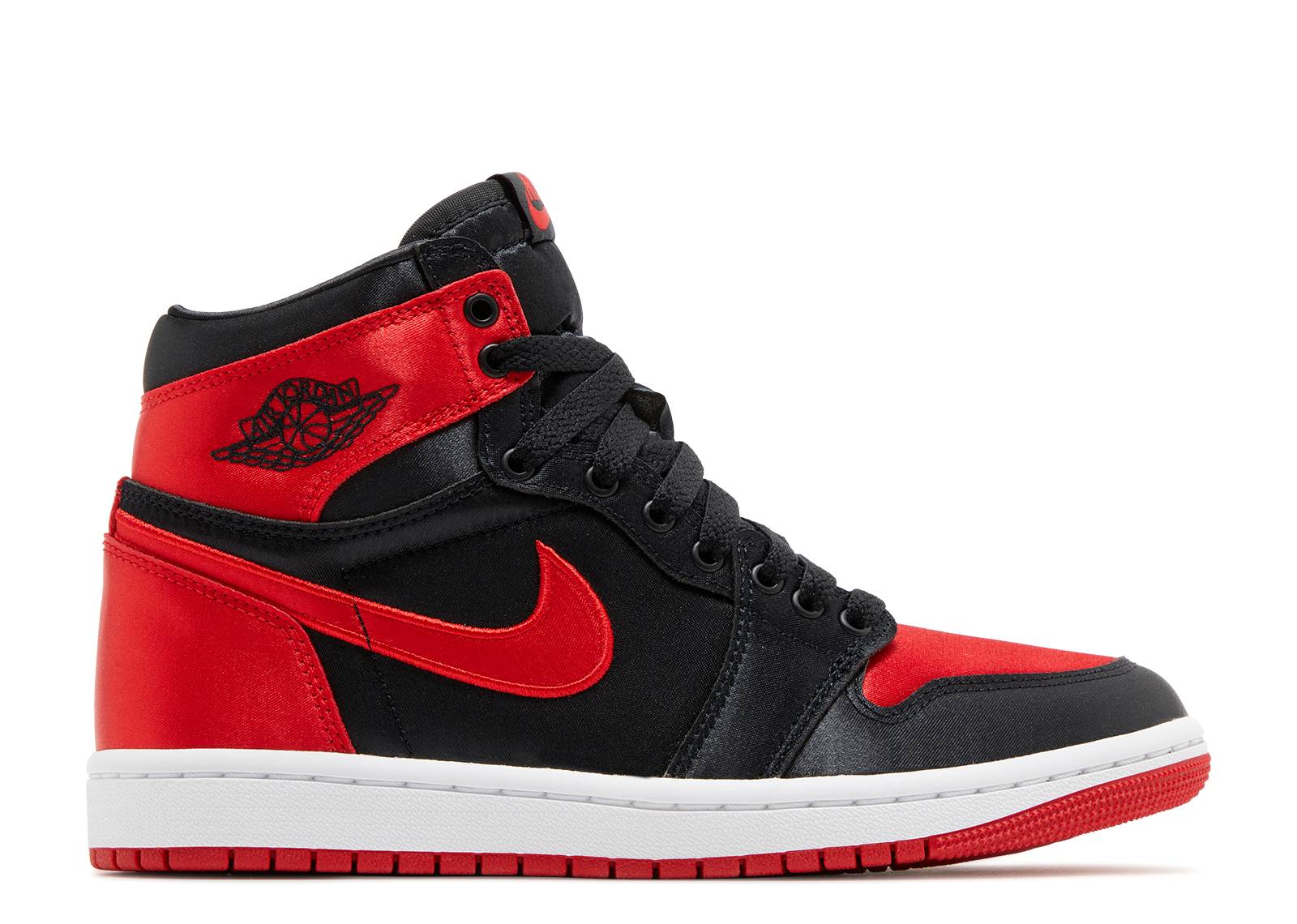 Wmns Air Jordan 1 Retro High OG Satin Bred 2023 sneaker in black, red, and white with satin accents, featuring iconic Nike Swoosh and Wings logo.