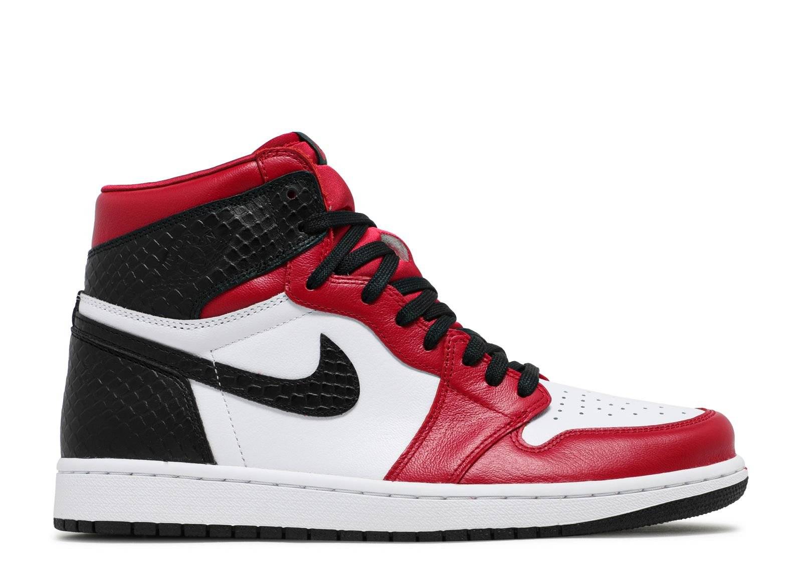 Wmns Air Jordan 1 High OG Satin sneaker in white, red, and black with satin accents and snakeskin details, combining premium materials and iconic design.