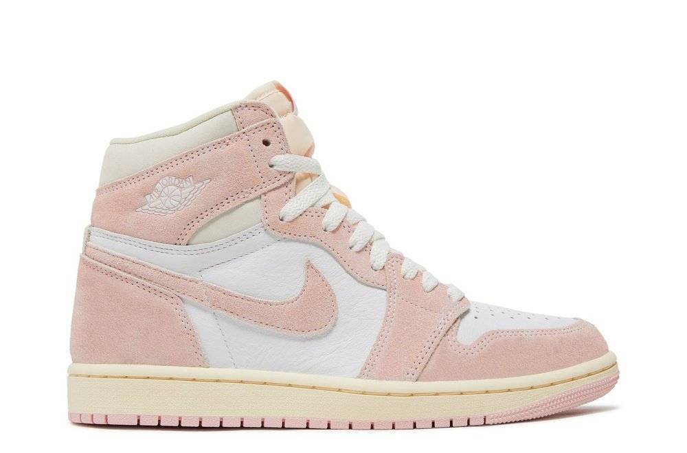 Wmns Air Jordan 1 Washed Pink - Retro High OG sneaker featuring pink suede overlays, white leather base, and vintage-style sole. Women's-exclusive design released in April 2023.