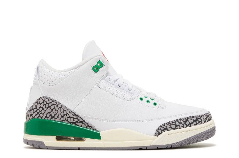 Wmns Air Jordan 3 Retro Lucky Green sneaker featuring white leather uppers, Lucky Green accents, and elephant print overlays. Women's exclusive.