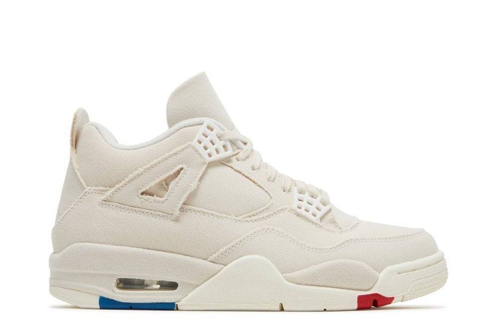 Wmns Air Jordan 4 Retro - Blank Canvas sneaker in light grey canvas with tonal details, featuring a unique canvas midsole and subtle red and blue accents.